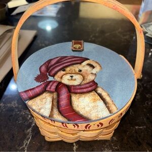 Hand Painted Adorable Bear Wood Lid Basket Handle   4”Basket 4” Deep
